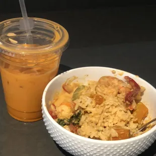 Thai Tea and Pumpkin Curry w/shrimp - everything was delicious and still have leftovers!