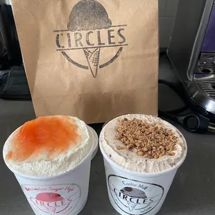 Cookie milk (right) and watermelon sugar high (left)