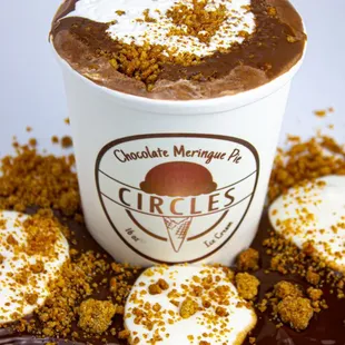 Chocolate ice cream with marshmallow fluff, chocolate ganache, and graham cracker crumbles.