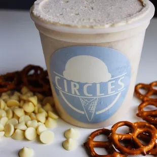White Chocolate Pretzel: Pretzel ice cream freckled with caramelized white chocolate.