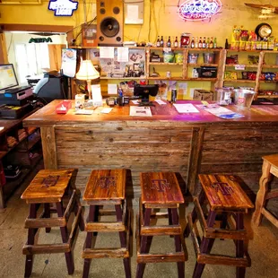 a bar with stools in front of it