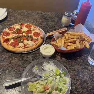 Tiny pepperoni and sausage 10&quot; Tiny Pizza with a dinner, salad with french fries