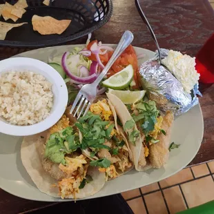 fish tacos - arrived with rice, salad, and potato