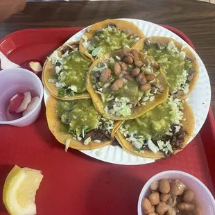 Lengua, cabbage, green salsa, beans