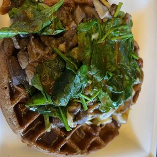 Blue corn waffle with wild mushrooms, cheese, spinach with balsamic dressing