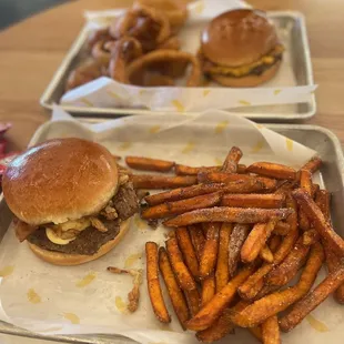 Bacon burger and sweet potato fries