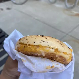 Egg and Cheddar on Everything Bagel