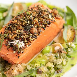 WILD KING SALMON Hoja Santa Green Tomato &amp; Sweet Lime Vierge