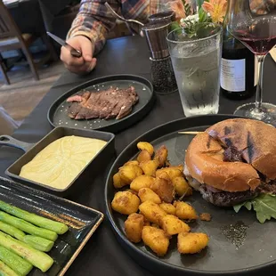 Wagyu burger and wagyu ribeye from Australia along w garlic mash and asparagus