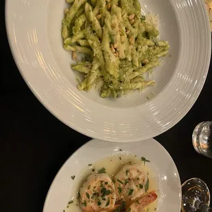 Pesto Fussili with a side of shrimp. Far too salty.