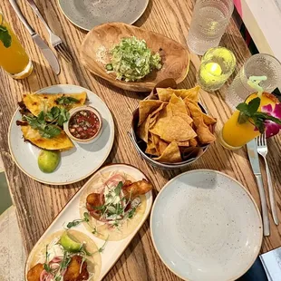 BEEF BIRRIA TACOS, BEER BATTERED FISH TACO, FRESH-MADE JALAPEO TORTILLA CHIPS &amp; GUACAMOLE