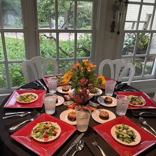 Side salad with chocolate flan (catering event)