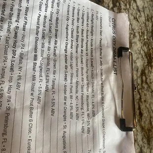 Menu is a clipboard of all beers on tap as well as drinks that can be made.