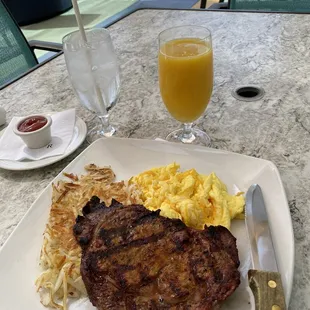 Steak and eggs.