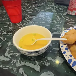 Soup was mediocre, not so good.