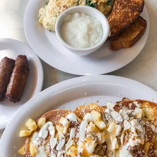 Mango Almond Croissant French Toast with a side of sausage links; Omelette with grits and wheat toast