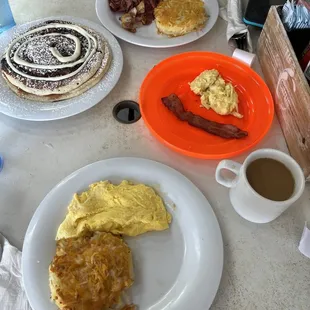 Cinnamon Roll Pancakes Breakfast, doggy meal, hashbrowns and corned beef hash