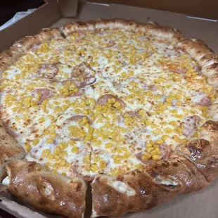 Stuffed crust pizza! Ham and corn