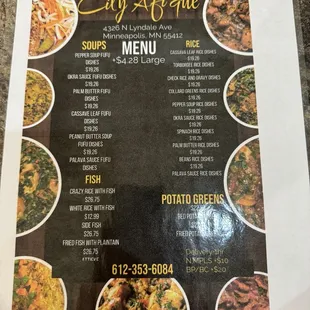 Menu- it's all delicious. Prices include rice and fufu.