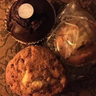 Quarter in for scale. I got chocolate, blueberry and cinnamon plus a mondo banana nut loaf.