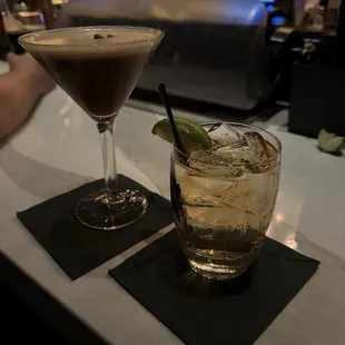 Espresso martini and whiskey ginger