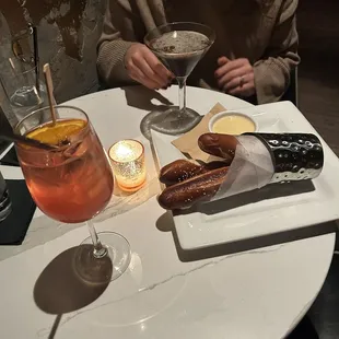 Drinks and pretzel
