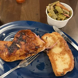 Chicken quarter, Texas toast and green beans.