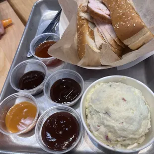 Smoked turkey, all the sauces and potato salad.