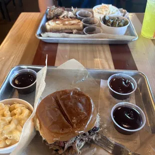 Green beans, brisket, pulled pork, Mac and cheese, and coleslaw.