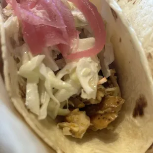 Chile verde taco. Good. Not at all hot; lots of vinegar flavor from the veggies.