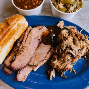 Pulled Pork, Beef Brisket, Green Beans with Bacon, Green Beans with Bacon, Texas Toast