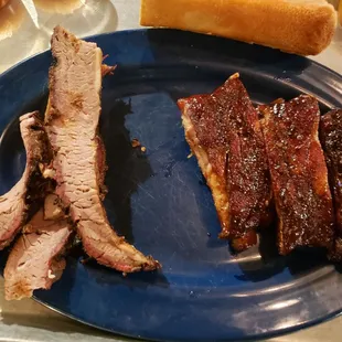 Two meat plate with ribs and brisket. Skimpy.