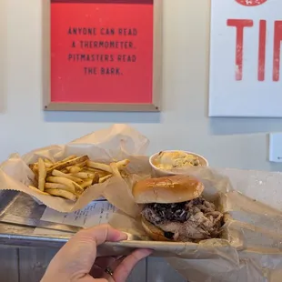 BBQ pork sandwich $10 with two sides + drink $6.99