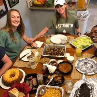 Ribs, brisket, chicken, beans, salad, roasted veggies, Mac 'n cheese, homemade bread, and Carmel smothered pound cake!
