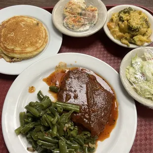 Meatloaf with green beans, coleslaw, broccoli cheese and Cajun corn bread