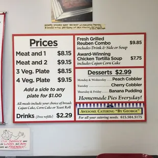 prices and prices on the menu