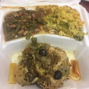 Jerusalem chicken, broccoli and rice casserole, and green &amp; pinto bean mixture!