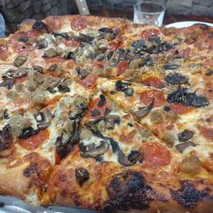 Pepperoni, mushroom, and sausage pizza