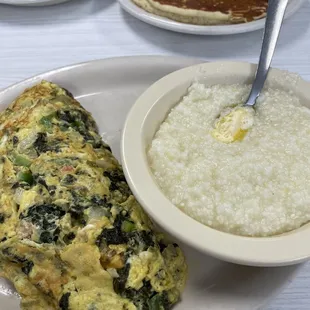 Veggie Omelette Breakfast, Grits, Pancake
