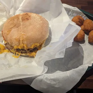 Double cheese burger with cheddar. Shared side of mushrooms.