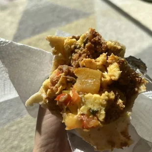 Inside the chorizo breakfast burrito. Lots of good flavors going on.