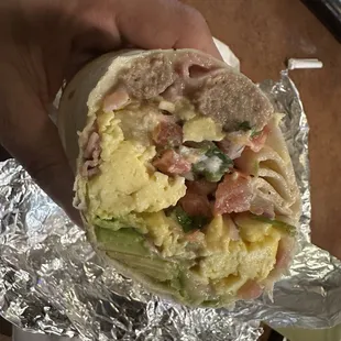 Ham and turkey sausage burrito add avocado