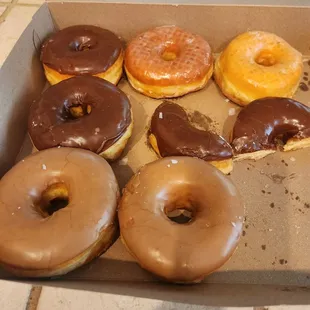 Glazed, chocolate, maple donuts. The sugar ones were eaten before the photo!