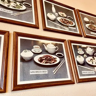 Framed photos of their popular items on the wall