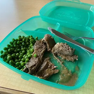 a plate of meat and peas