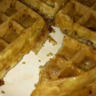 Bacon waffle!! Grab some bacon from the omelet grill, mix it between two waffle mix cups until blended well, pour and enjoy!