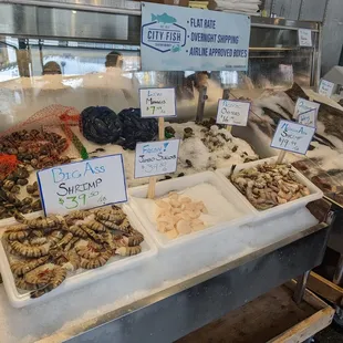 various types of seafood on display