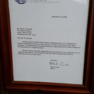 Letter from the mayor Mick Cornett to the owner Harry.