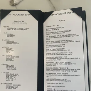 Poke and sushi menu
