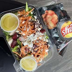 Beet street salad, add chicken, dressing in the side, and chips